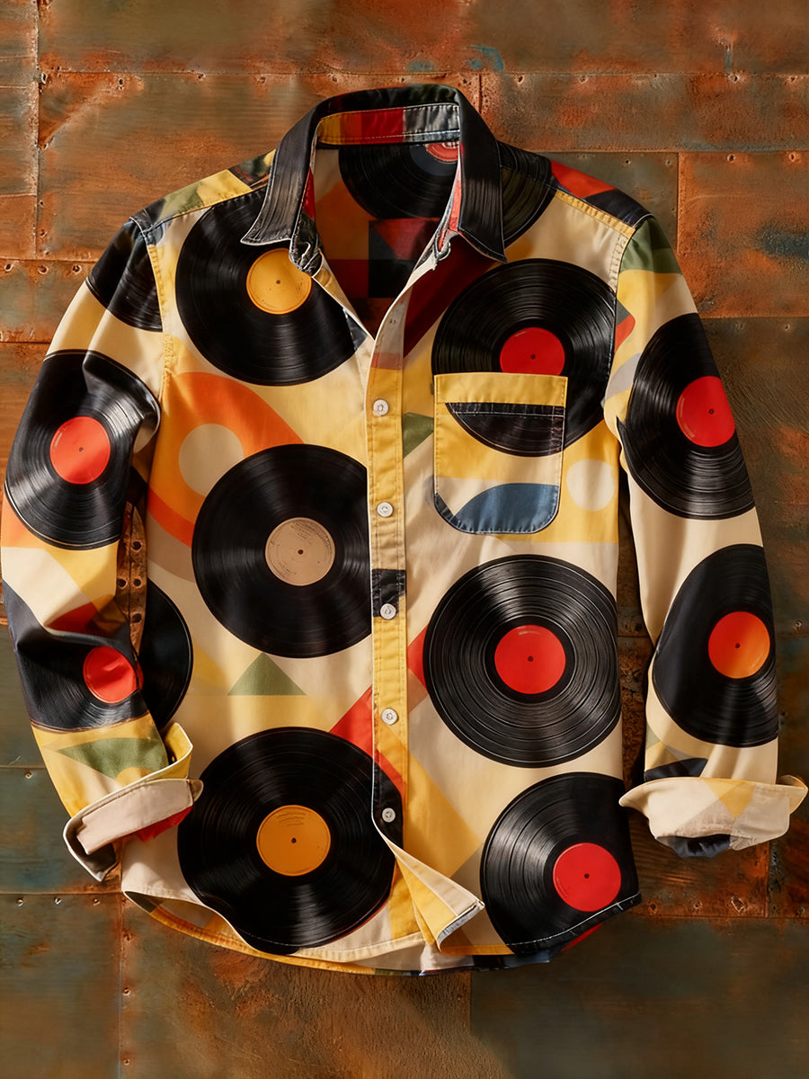 Camisa de manga larga casual de impresión de arte abstracto retro de los hombres
