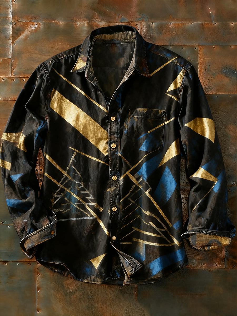 Camisa de manga larga casual de impresión de arte abstracto retro de los hombres