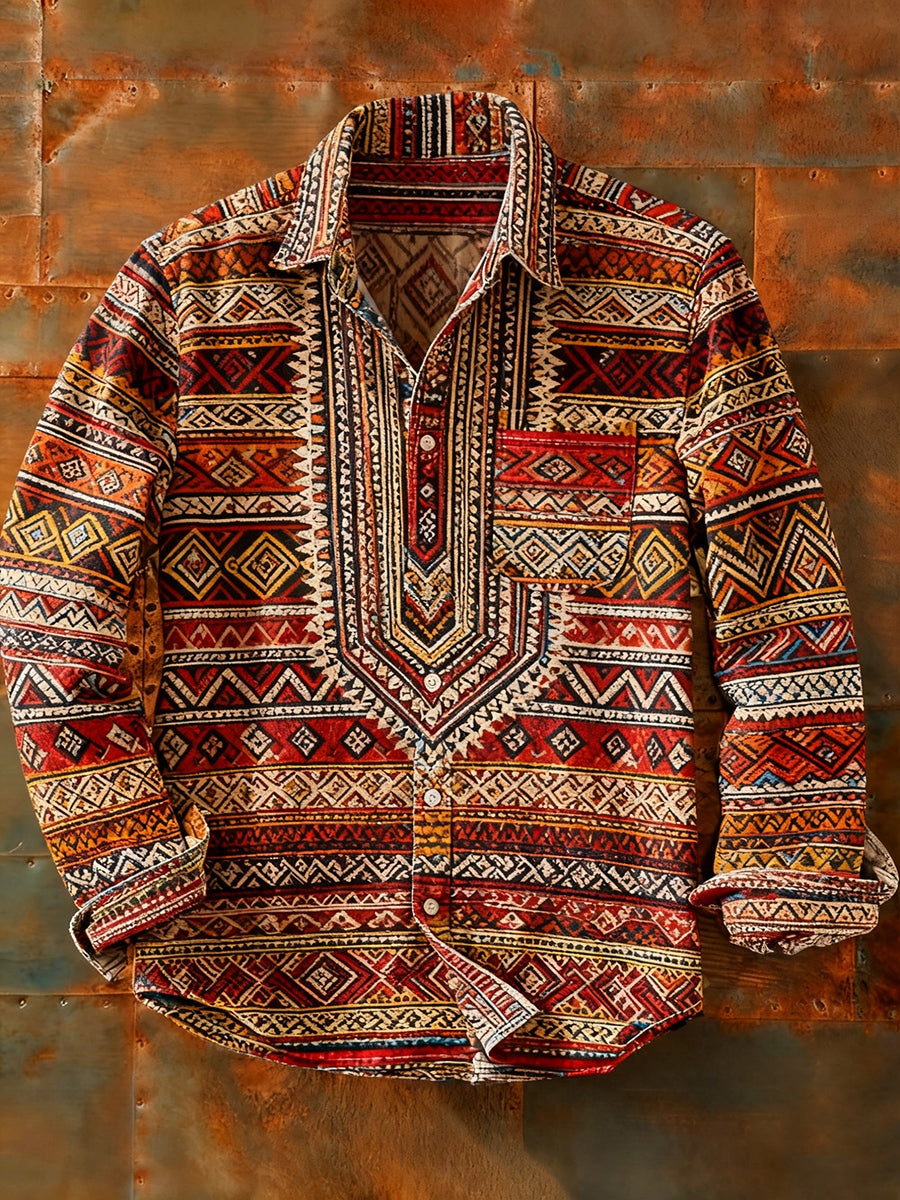 Camisa de manga larga casual de impresión de arte abstracto retro de los hombres