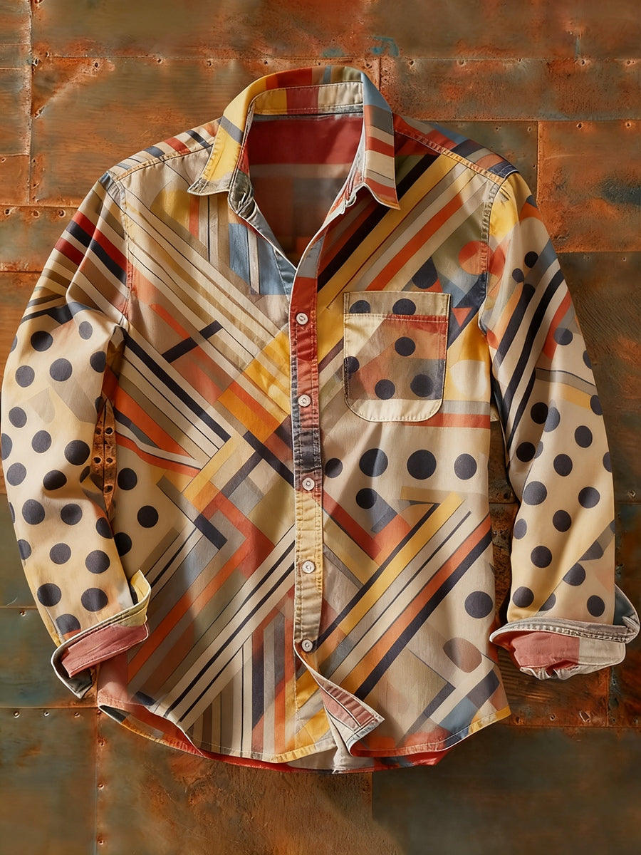 Camisa de manga larga casual de impresión de arte abstracto retro de los hombres