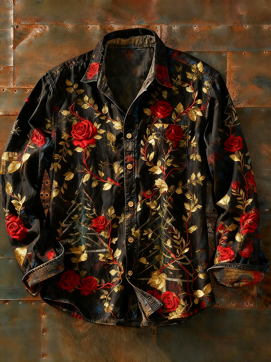 Camisa de manga larga casual de impresión de arte abstracto retro de los hombres