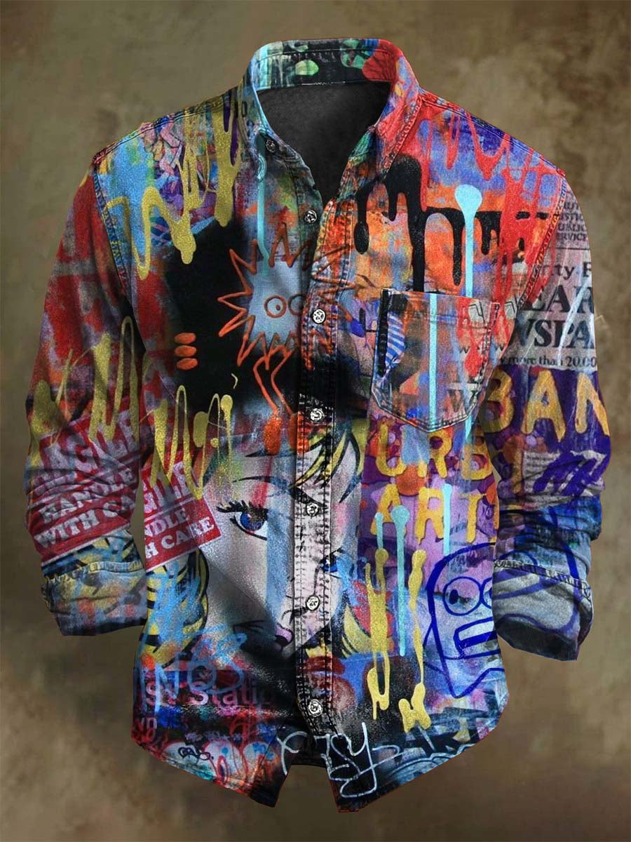 Camisa de manga larga casual con estampado de graffiti abstracto de la calle