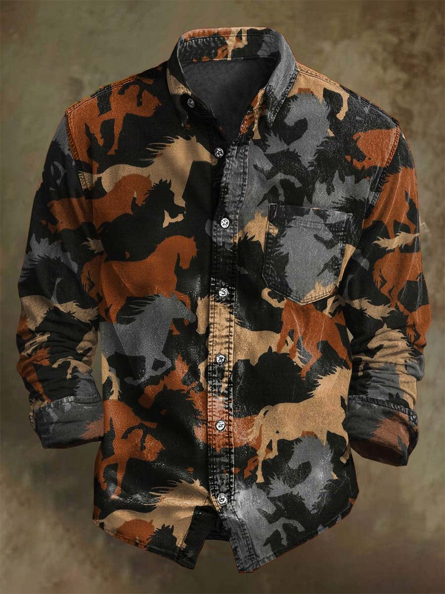 Camisa de manga larga casual con estampado de caballo occidental abstracto