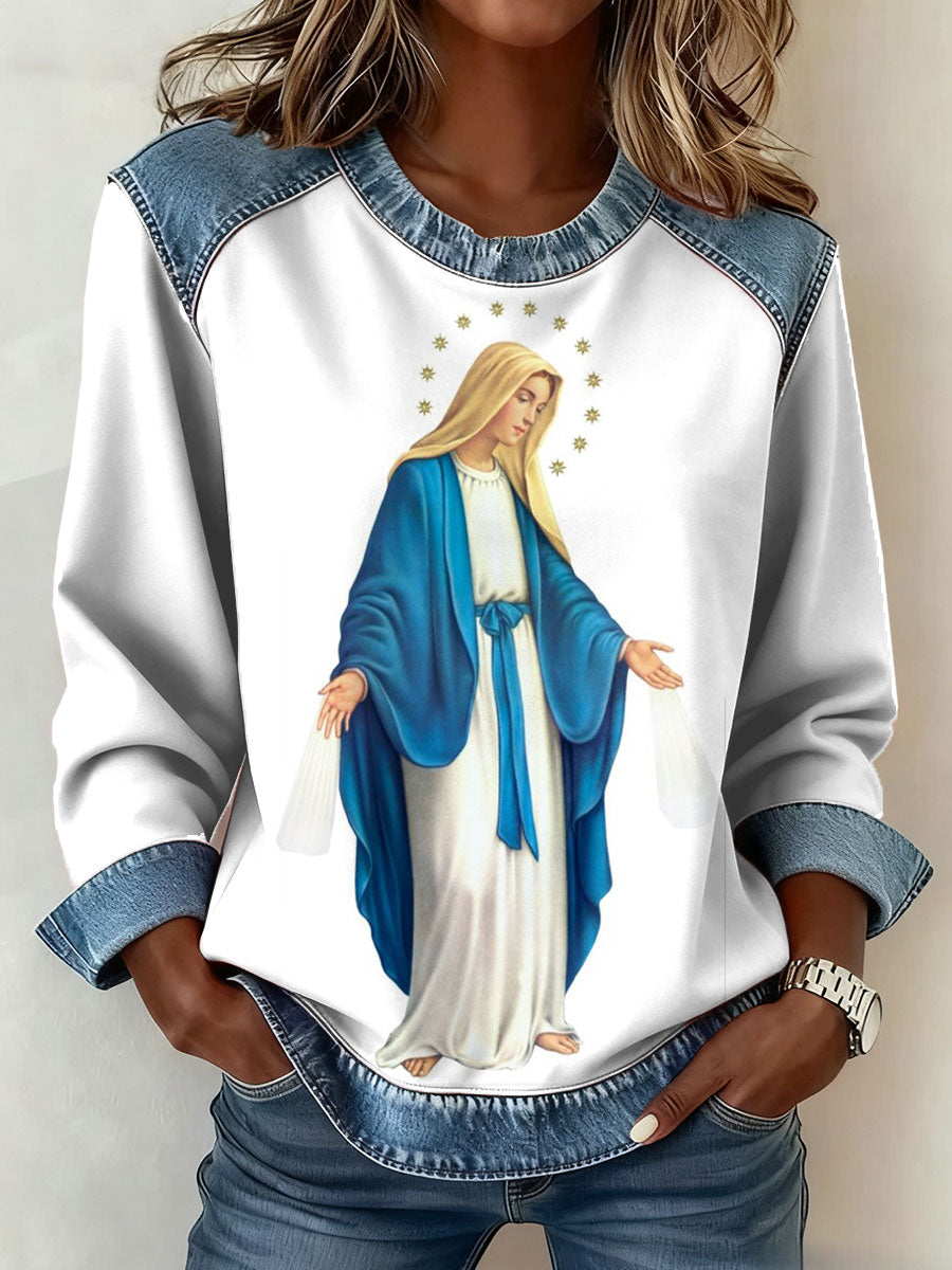 Mujeres Virgen María arte impreso Denim Patchwork Top