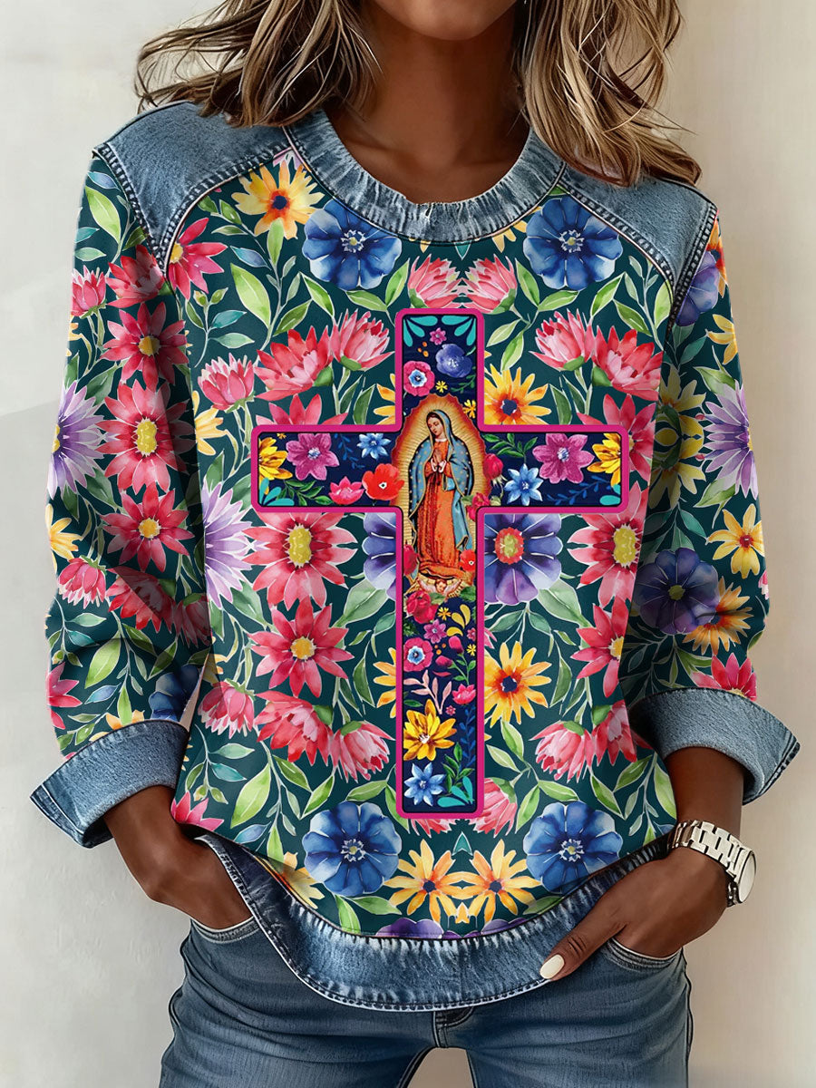 Mujeres Virgen María arte impreso Denim Patchwork Top