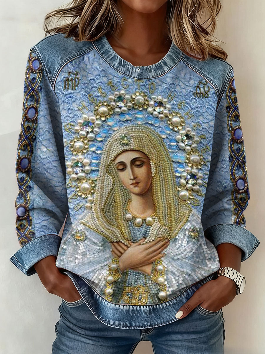 Mujeres Virgen María arte impreso Denim Patchwork Top