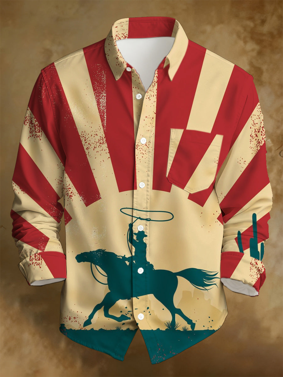 Camisa de manga larga casual de impresión apenada retro occidental de los hombres