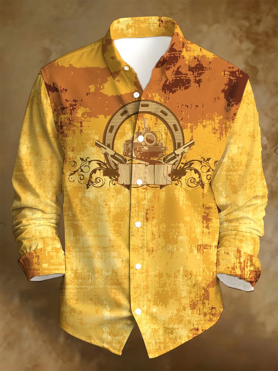 Camisa de manga larga casual de impresión apenada retro occidental de los hombres