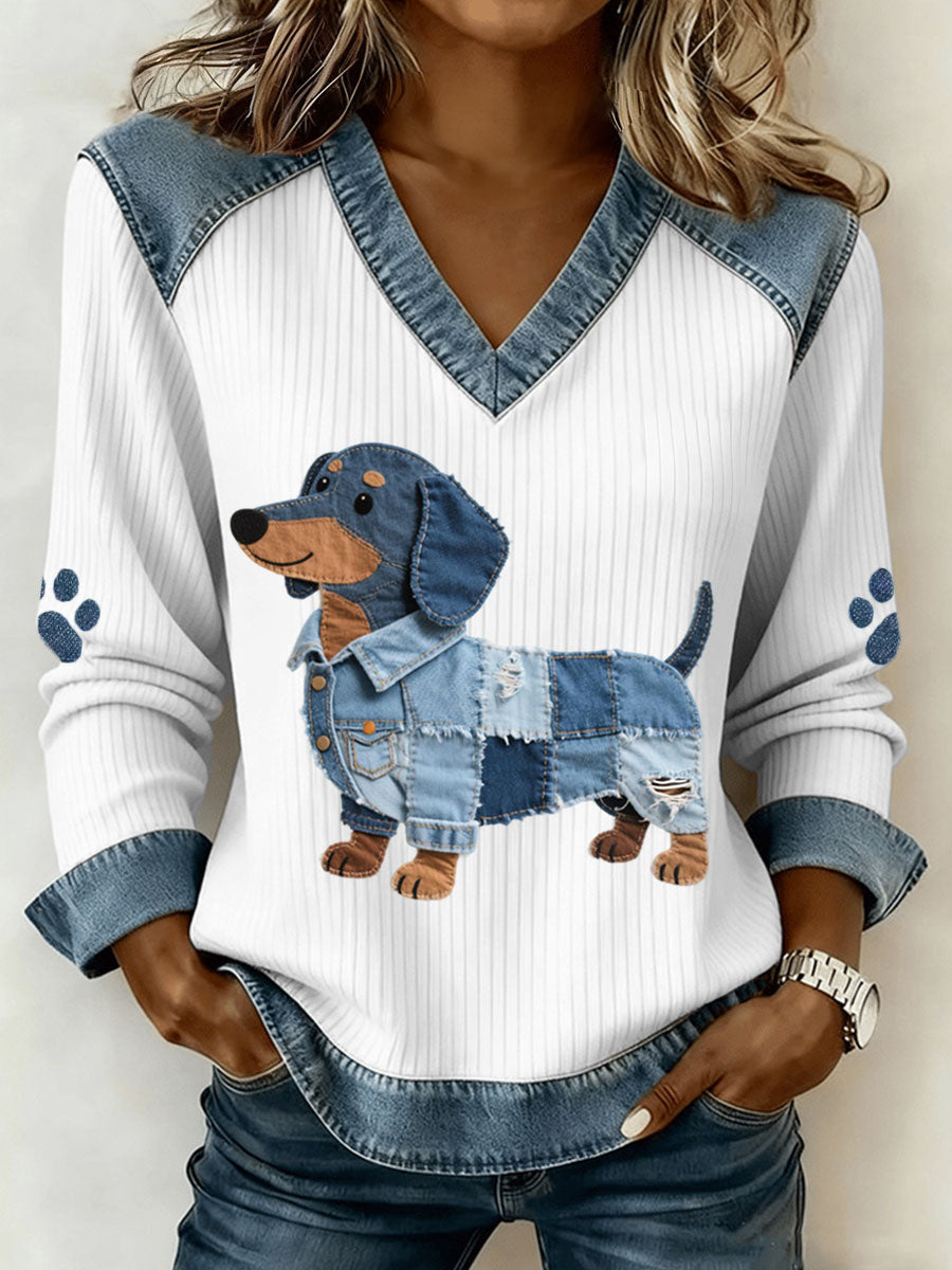 Lindo Dachshund patrón Denim Patchwork arte V-cuello Top de las mujeres