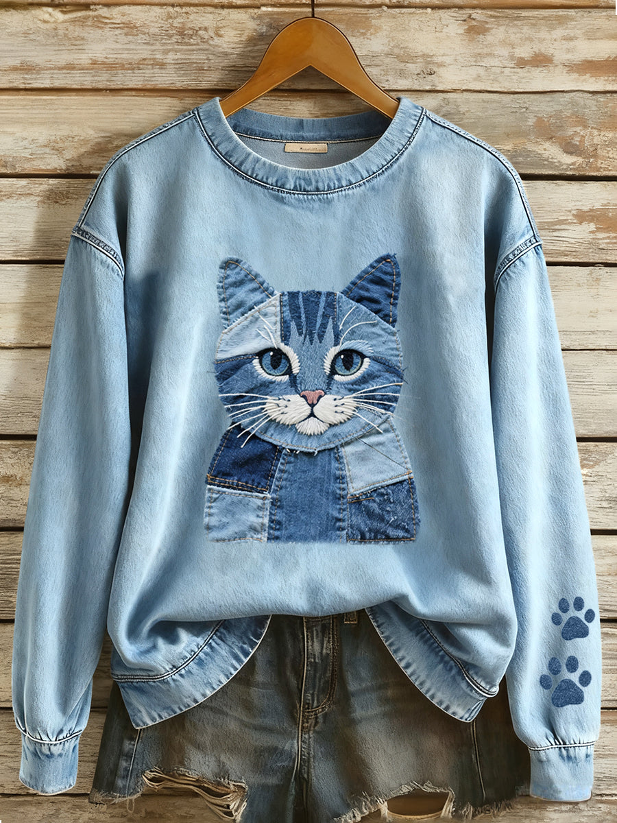 Denim Patchwork Art Cat Pattern Sudadera para mujer