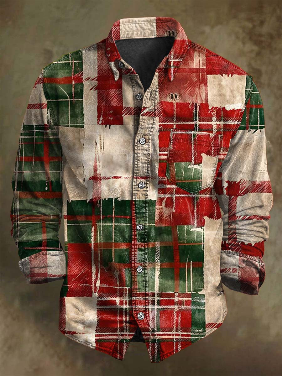 Vintage Plaid Print Navidad Casual Camisa de manga larga