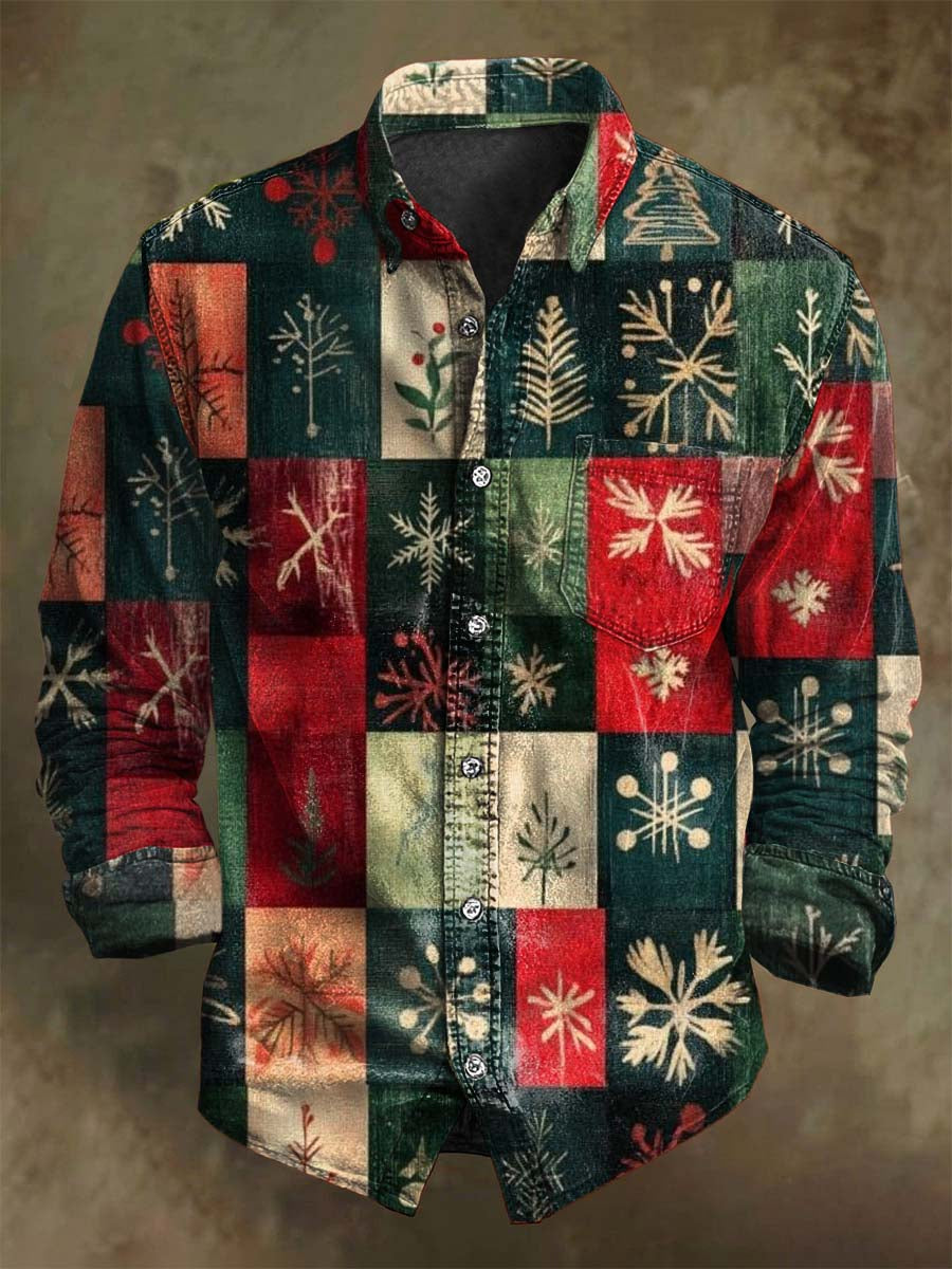 Vintage Plaid Print Navidad Casual Camisa de manga larga