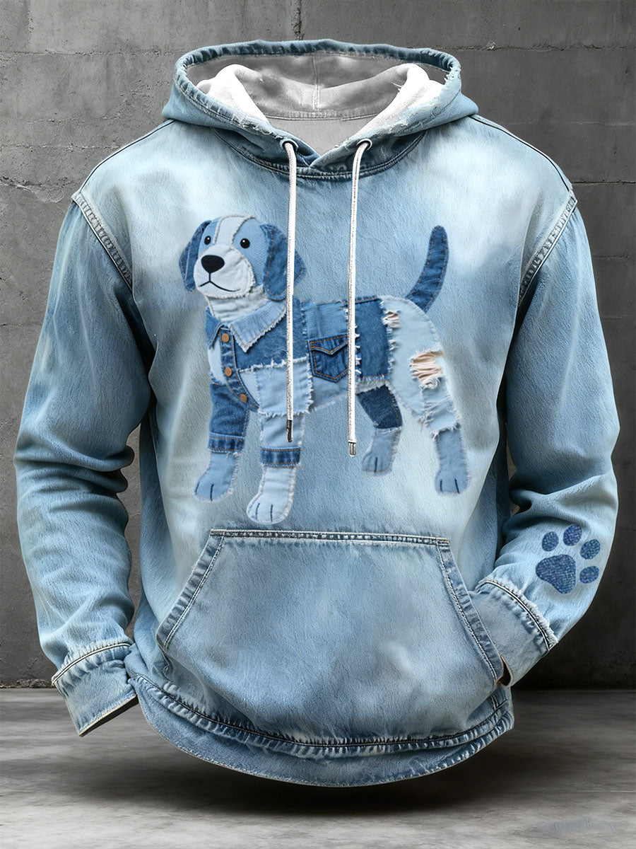 Hombres Denim Patchwork Art Beagle Perro Patrón Hoodie