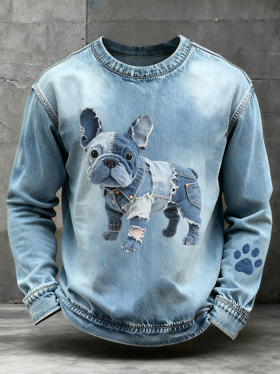 Hombres Denim Patchwork Arte Bulldog Francés Patrón Sudadera