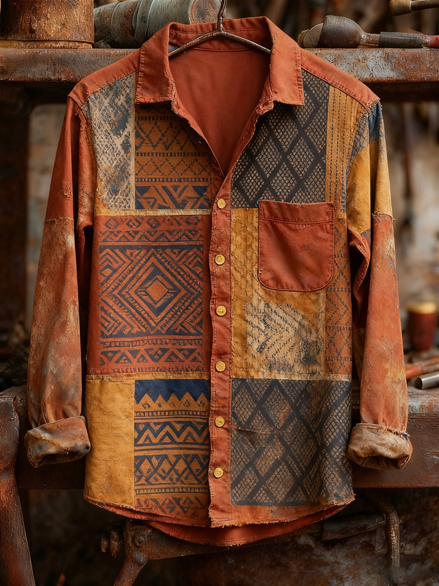 Camisa de manga larga cómoda ocasional de la impresión retro del arte de los hombres