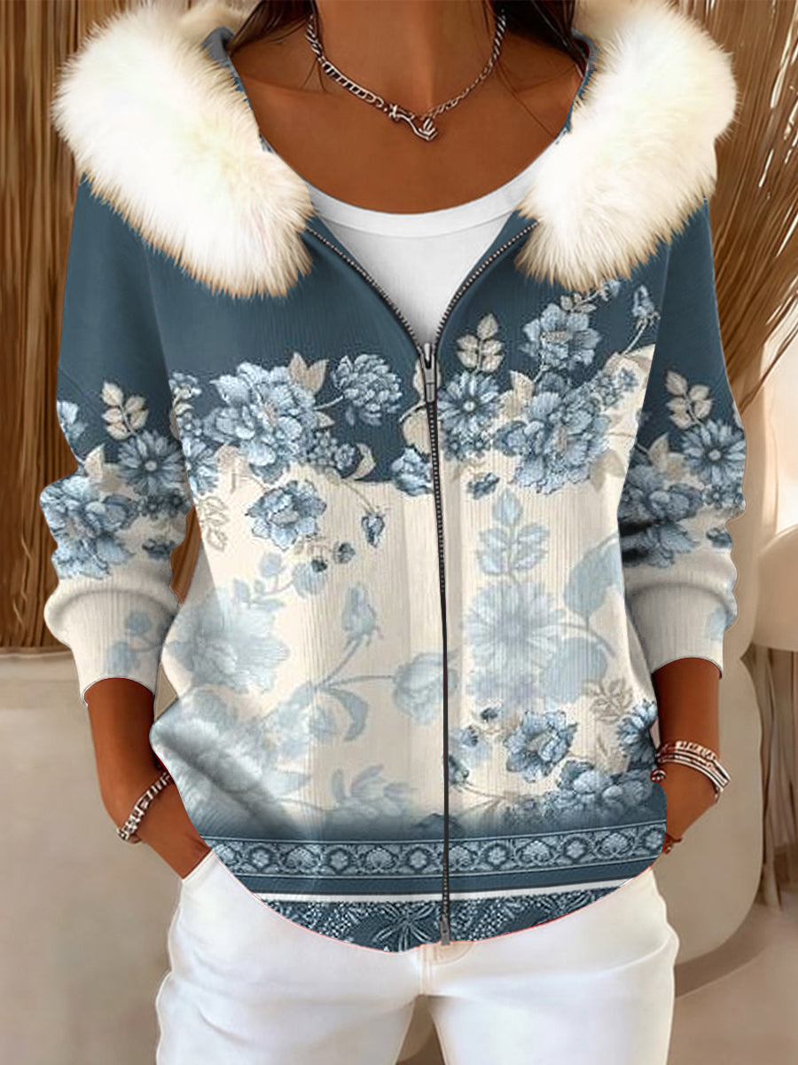 Mujer Vintage Floral Retazos Artístico Con Capucha Abrigo