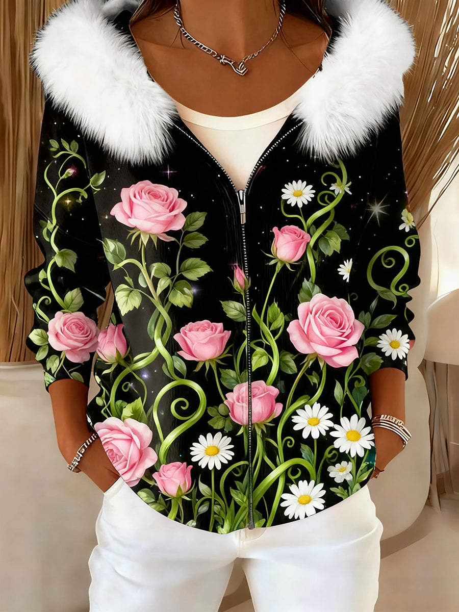 Rebeca con capucha de felpa cómoda de arte floral retro de las mujeres