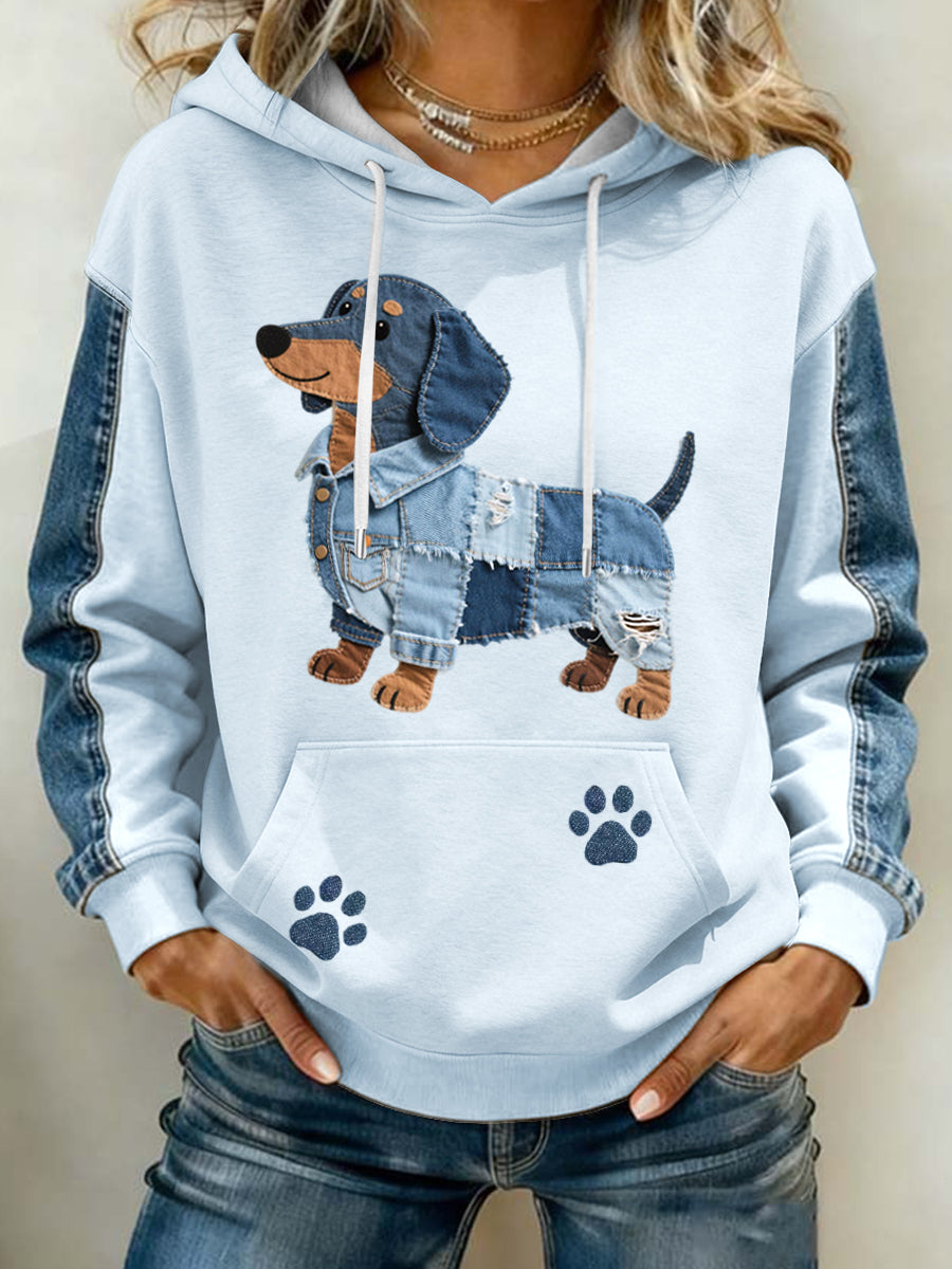 Encantador Dachshund Patrón Denim Patchwork Art Hoodie de las mujeres