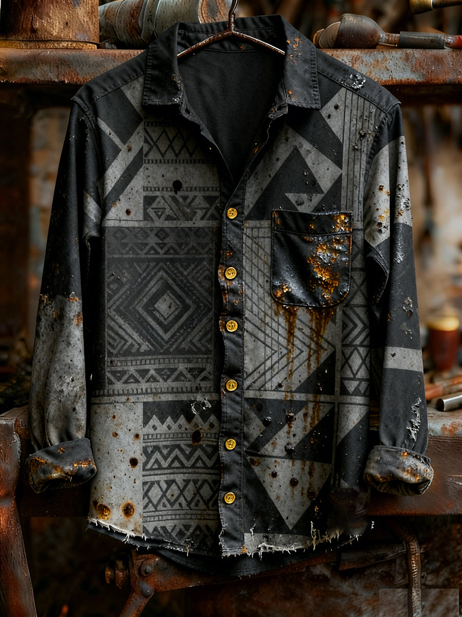Camisa de manga larga casual de la comodidad de la impresión del arte de la Navidad de la vendimia de los hombres