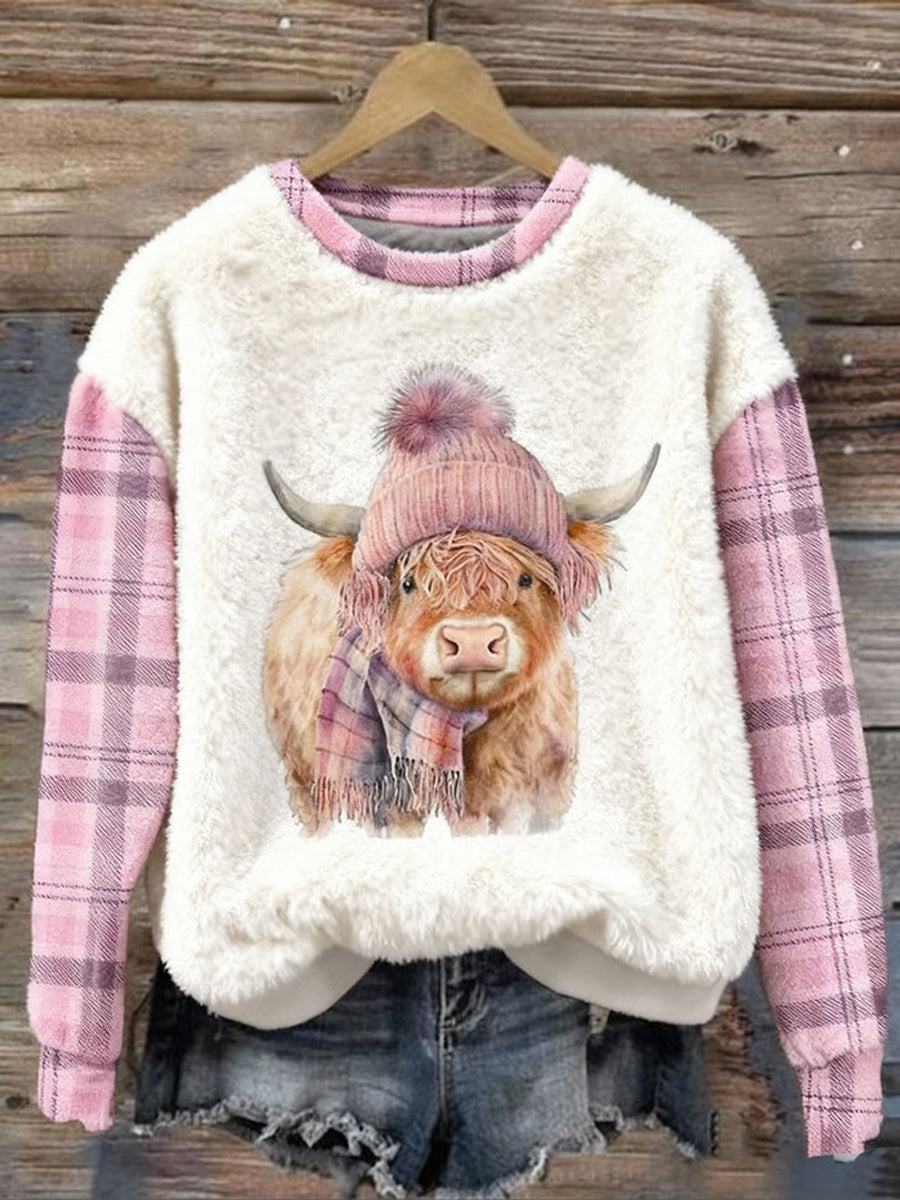 Sudadera de franela casual con estampado de cuadros de vaca Highland lindo para mujer