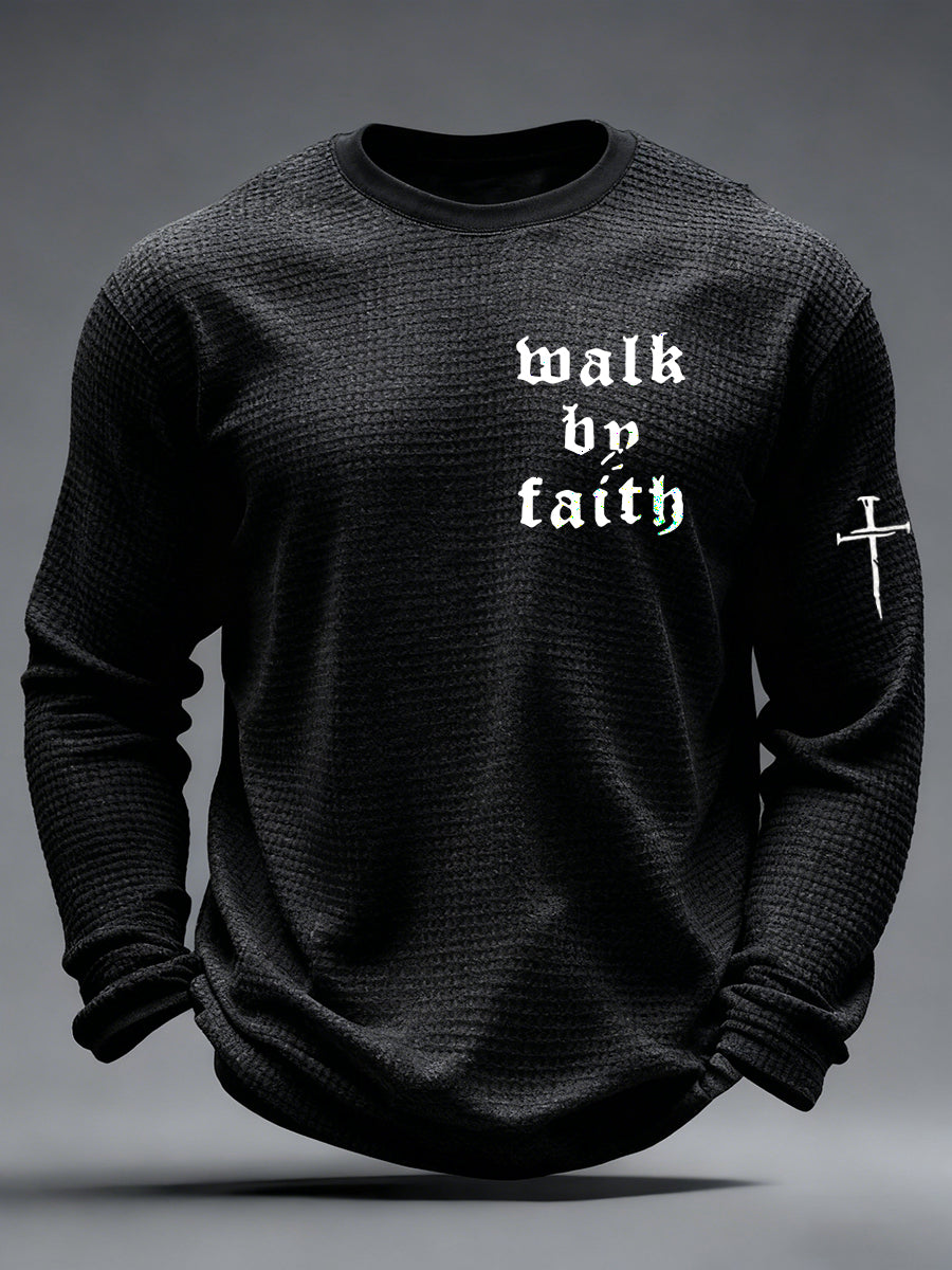 Christian Walk By Faith Cross Print Waffle Camiseta de manga larga para hombre