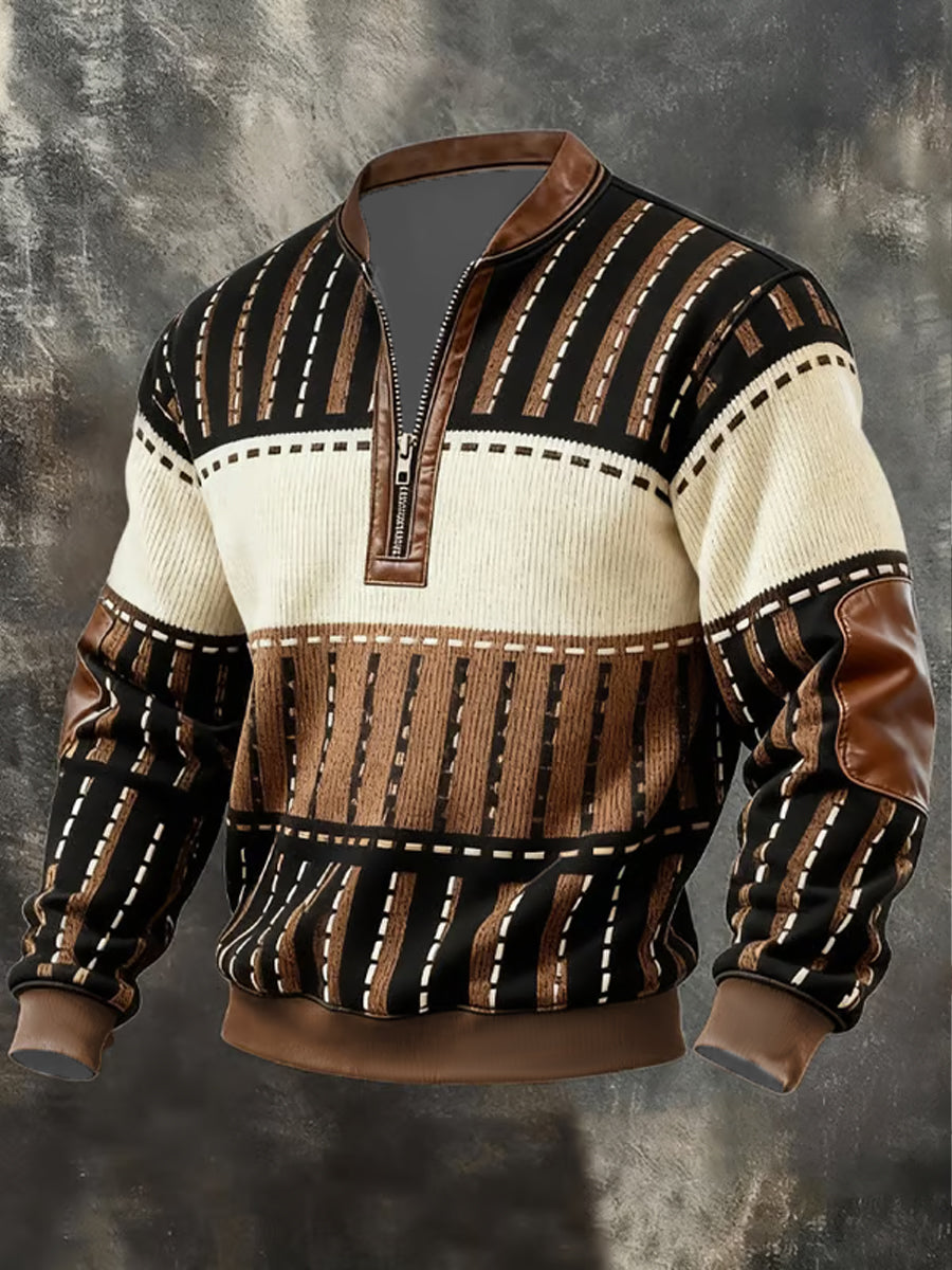 Sudadera de manga larga con cremallera media de color de contraste retro casual para hombres