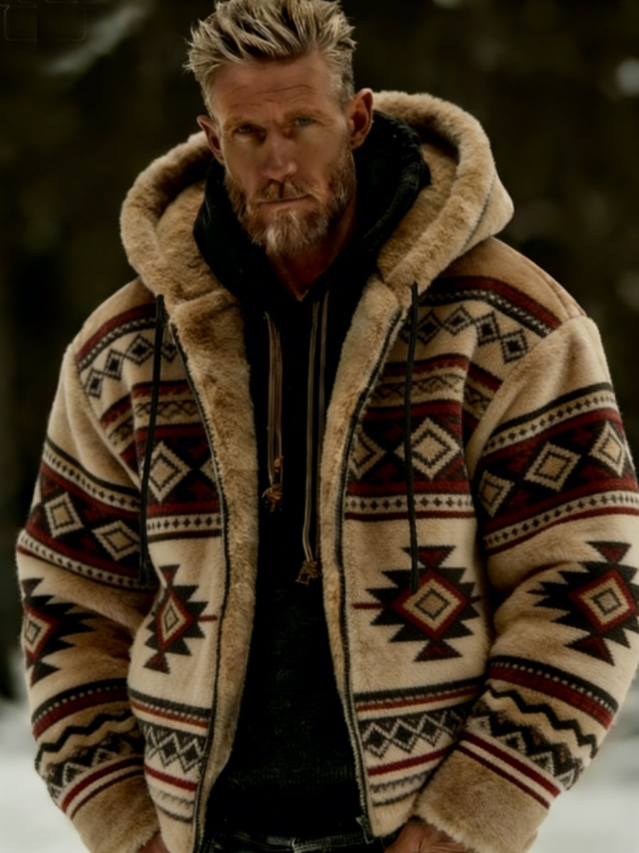 Chaqueta con capucha de invierno para hombre Aztecs Geometric Art Plush Warm Zip-Up