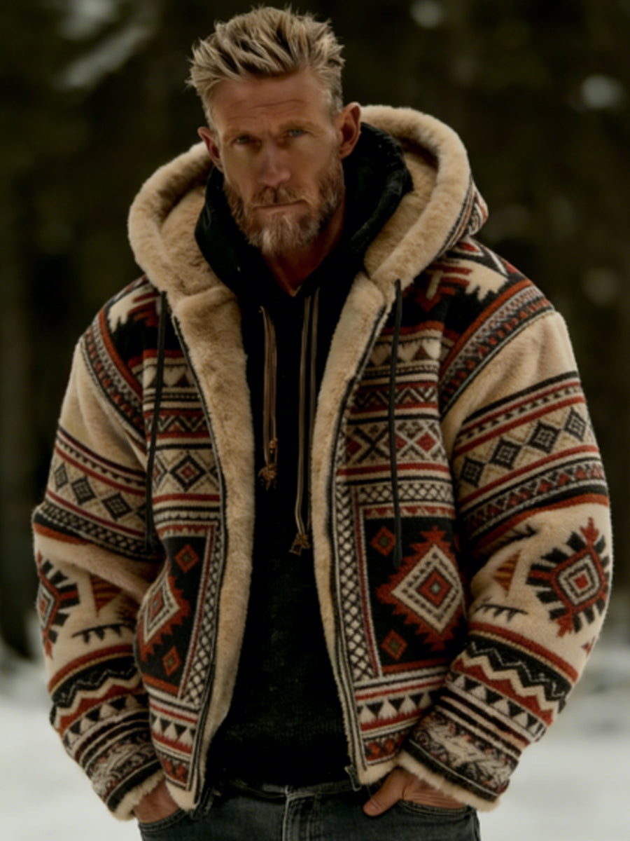 Chaqueta con capucha de invierno para hombre Aztecs Geometric Art Plush Warm Zip-Up