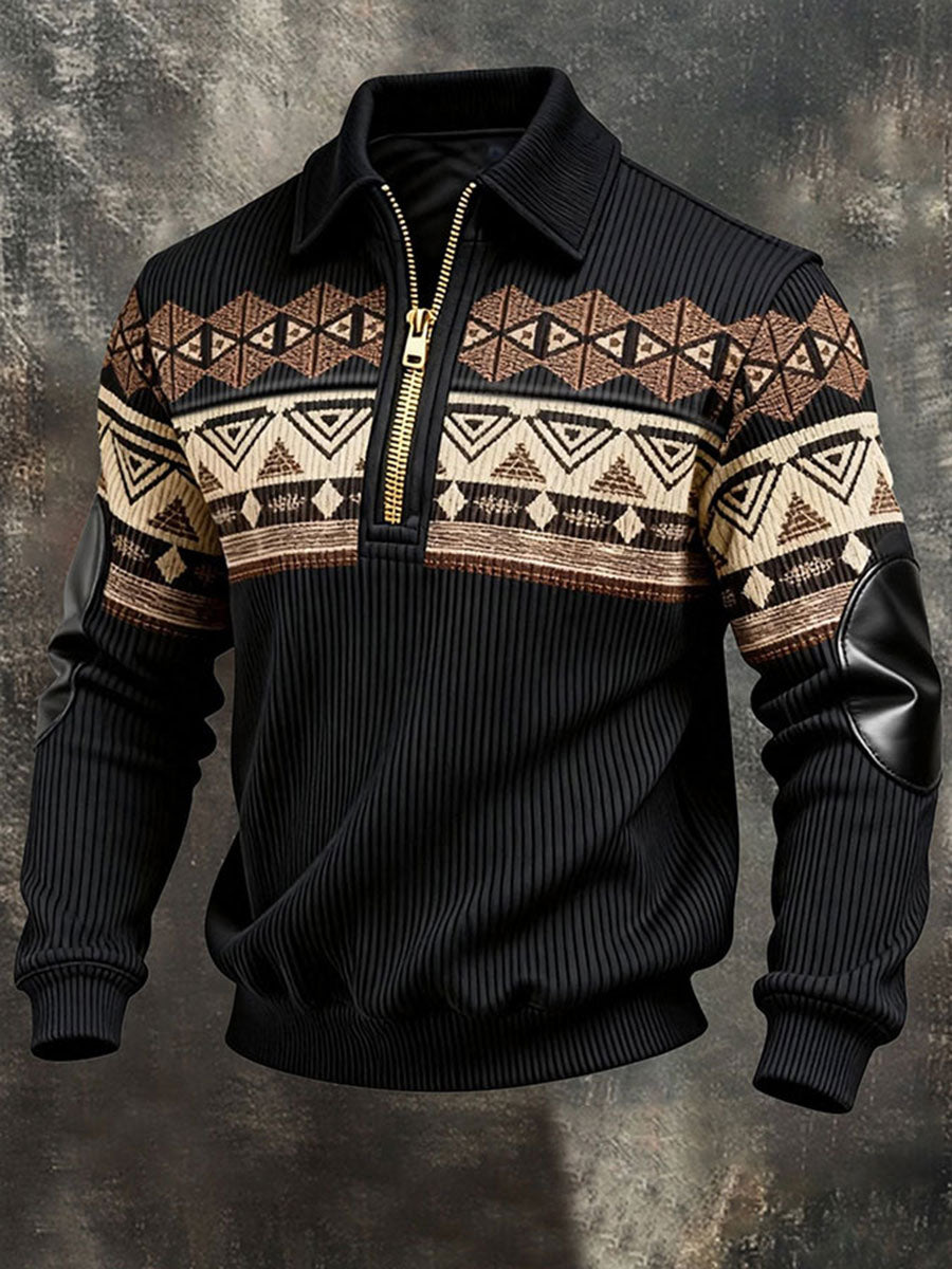 Chaqueta con cremallera de pana impresa vintage para hombre