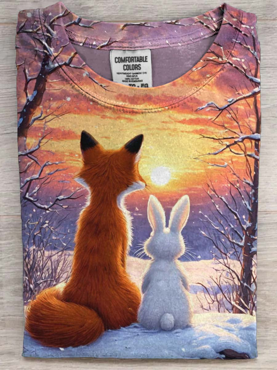 Sunset Fox and Rabbit Print Camiseta casual de manga corta