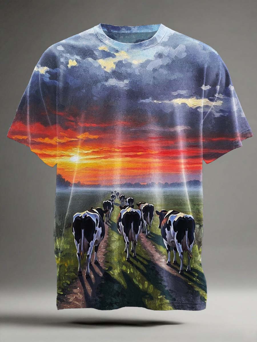 Pintura al óleo textura rústica paisaje impresión casual camiseta de manga corta