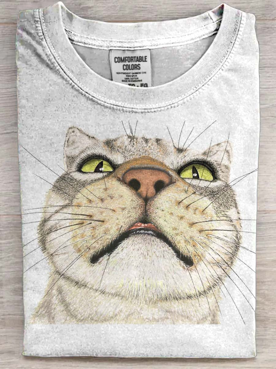 Funny Big-Headed Cat Print Casual camiseta de manga corta
