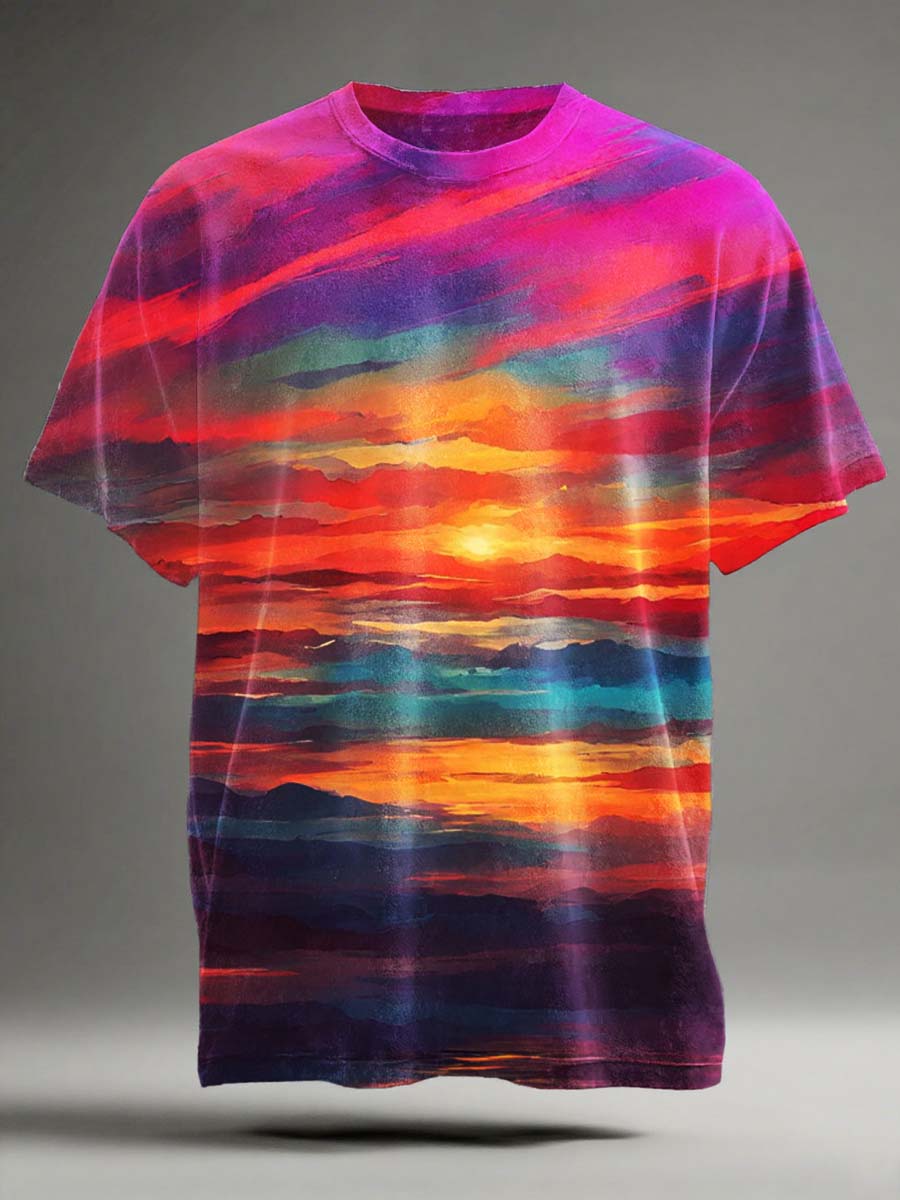 Camiseta de manga corta casual con estampado de paisaje al atardecer de ensueño
