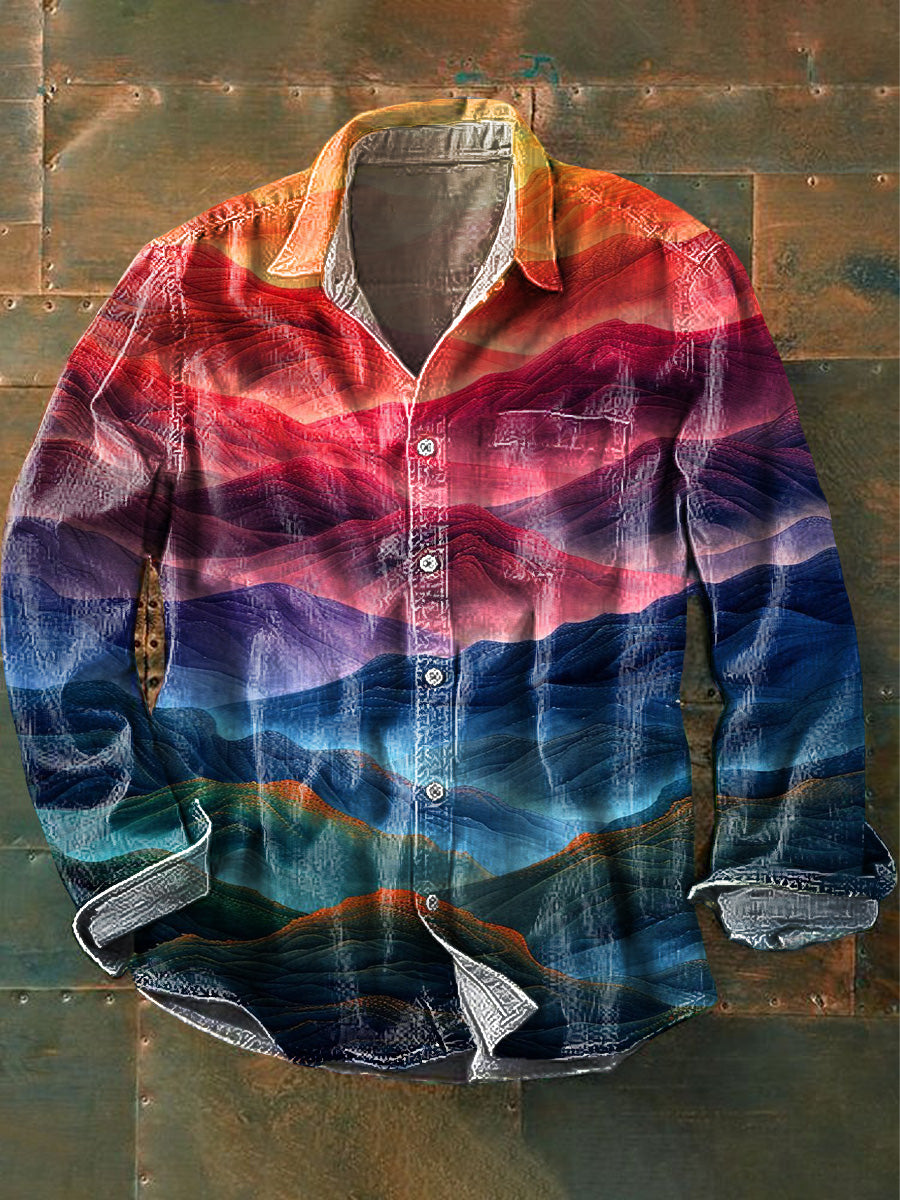 Camisa de algodón casual con estampado de arte de montañas coloreadas para hombres