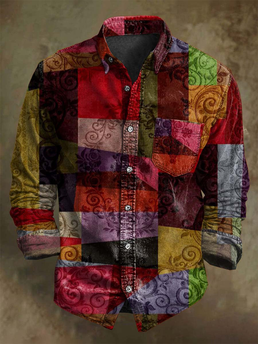 Camisa de manga larga con estampado floral asimétrico y patchwork retro