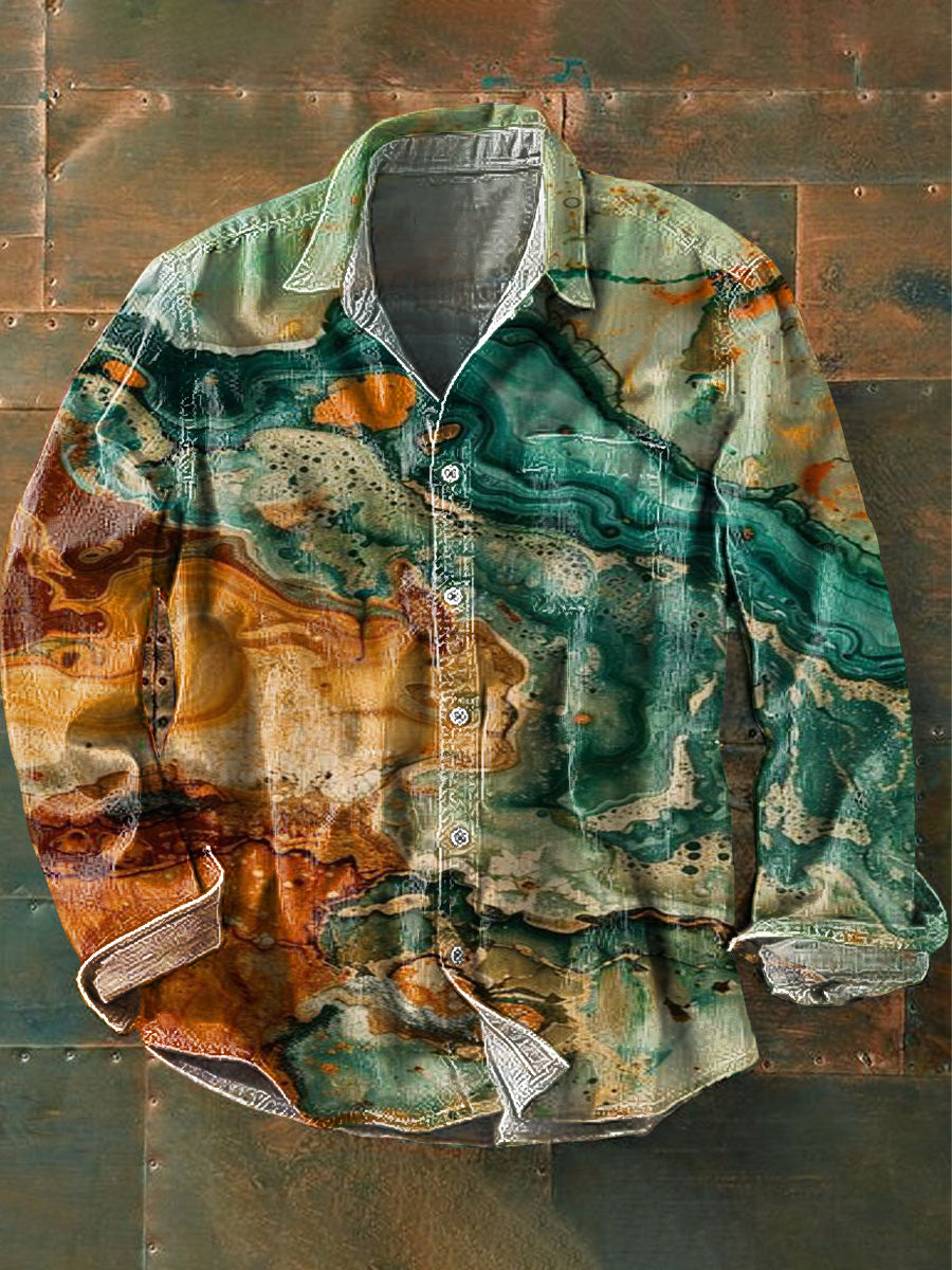 Camisa de algodón casual con estampado de arte de colisión de color para hombres