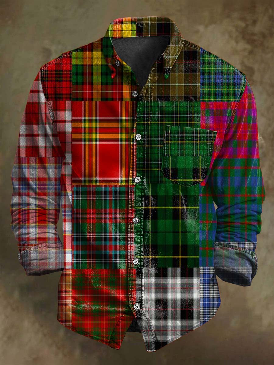 Retro Patchwork Plaid Print Camisa de manga larga