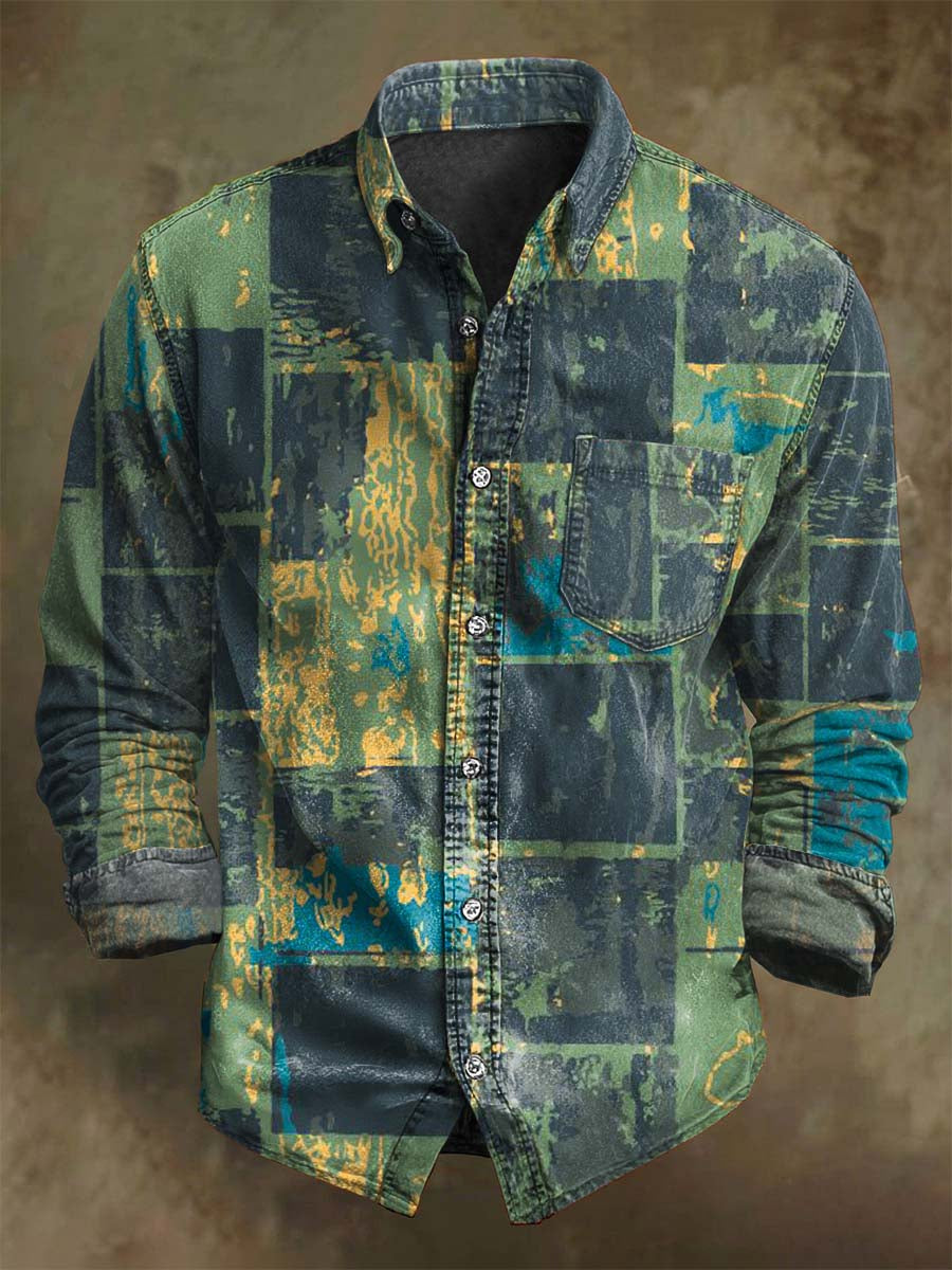 Camisa asimétrica de manga larga con estampado geométrico retro patchwork