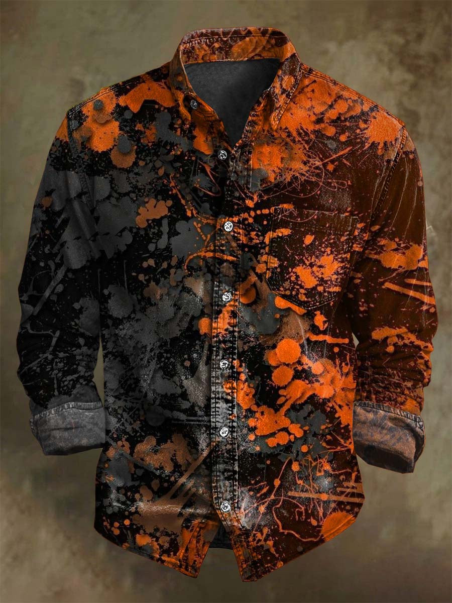Camisa de manga larga casual con estampado de salpicaduras de bloque de color abstracto