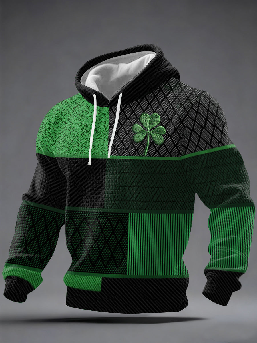 Día de San Patricio Shamrock Colockblock Print Casual sudadera con capucha a cuadros de los hombres