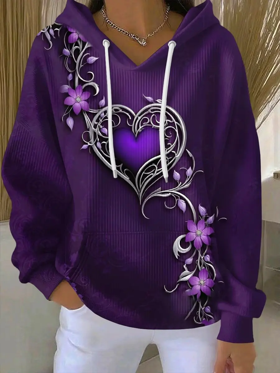 Sudadera con capucha casual de impresión floral púrpura de las mujeres
