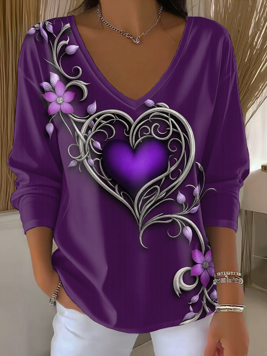 Vintage Purple Floral Art Print V-cuello de la camiseta de las mujeres