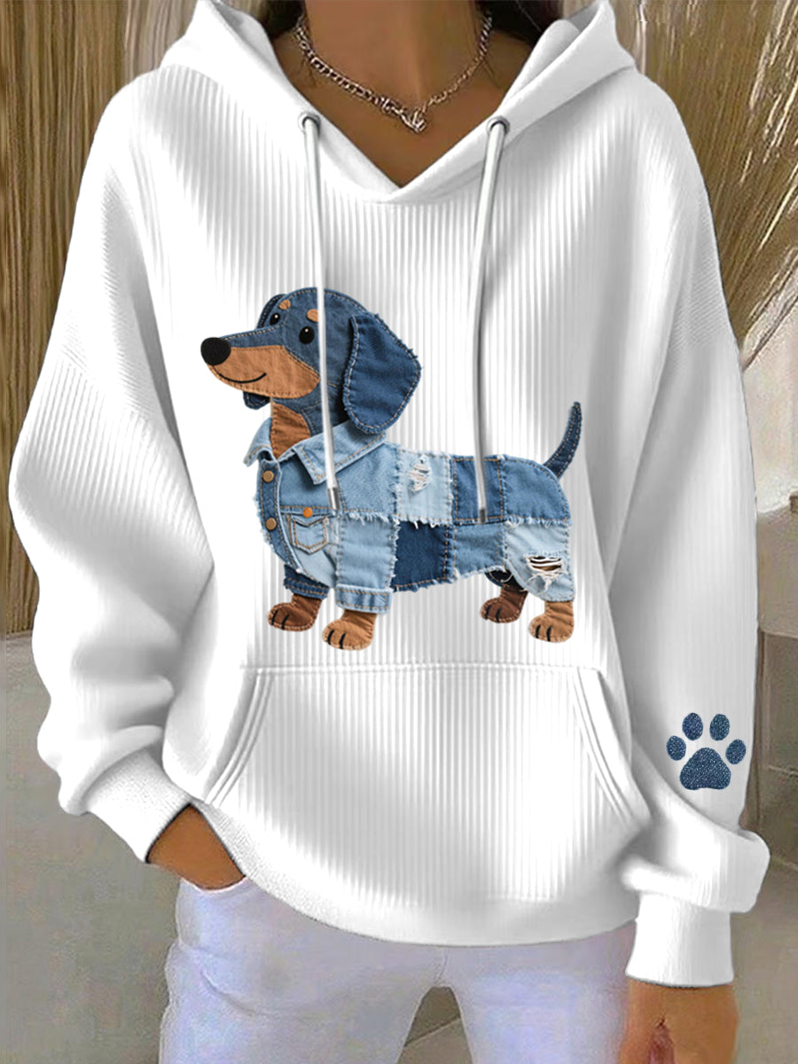 Mujer Denim Patchwork Art Dachshund Pattern Hoodie