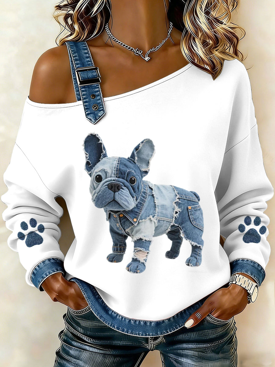 Encantador de las mujeres Bulldog Francés Patrón Denim Patchwork Top