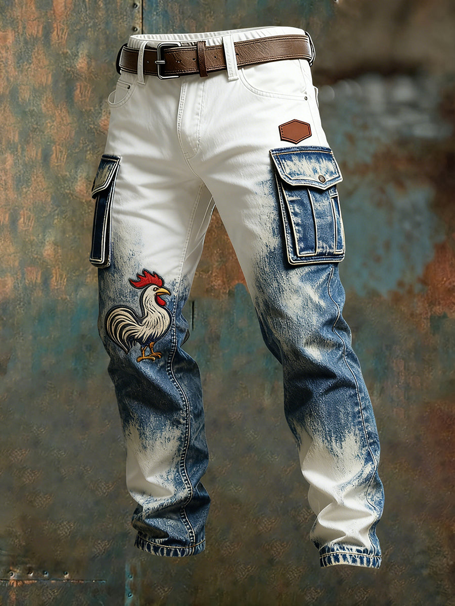 Vintage de los hombres de la bandera francesa y gallo impresión de negocios casual pantalones de trabajo