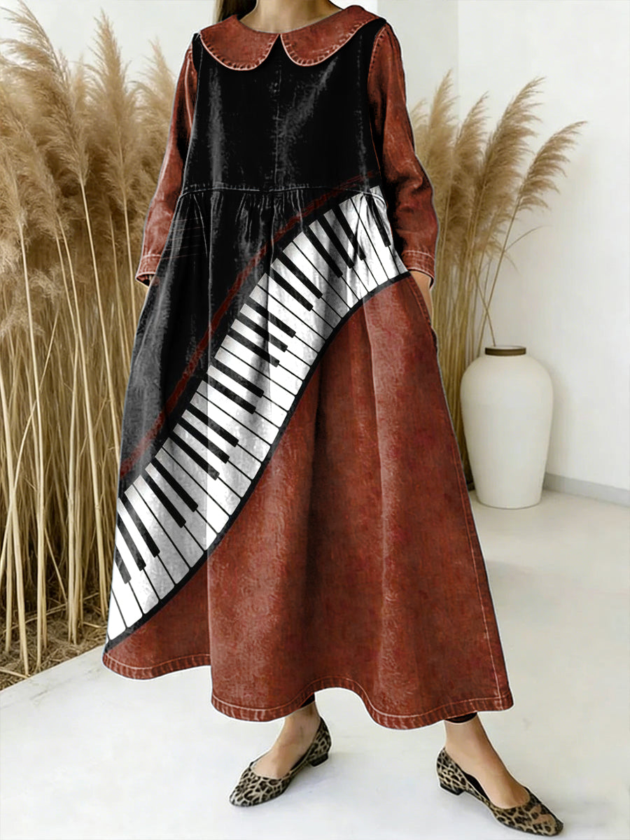 Vestido de manga larga vintage con estampado de piano artístico para mujer