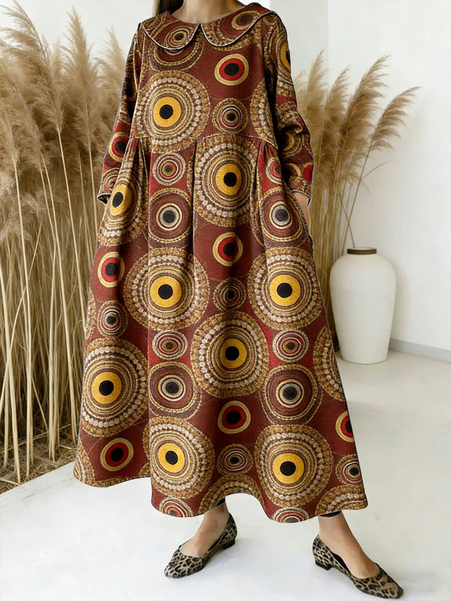 Vestido de cuello de manga larga con estampado floral tradicional de mujer