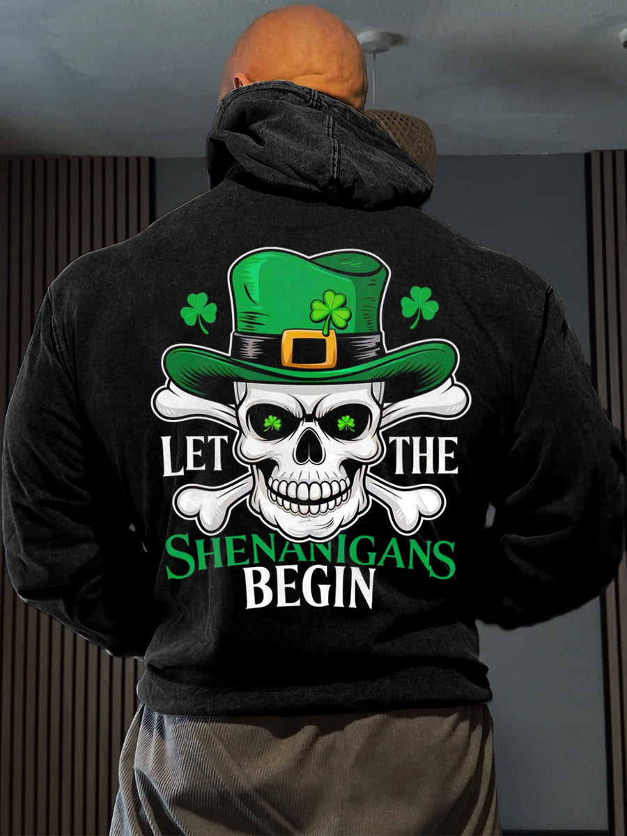 Hombres Funny St Patrick's Day Let The Shenanigans Begin Skull Shamrock Print Casual Sudadera con capucha