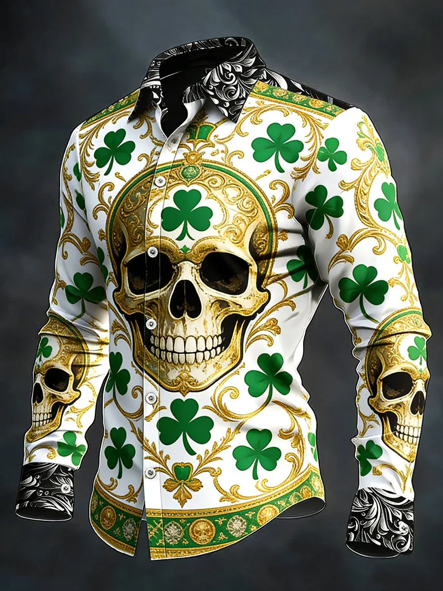 Camisa casual de manga larga con estampado de cráneo de día de San Patricio para hombre