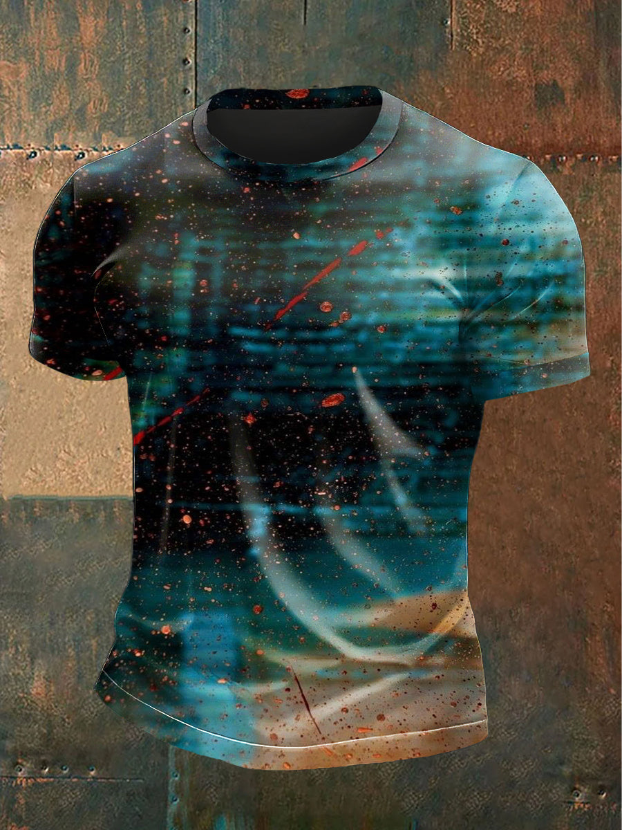 Camiseta casual con estampado verde artístico para hombre